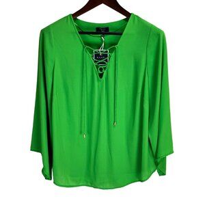 Kaari Blue Women's Lace-Up V-Neck Top Long Sleeve Green Size OX